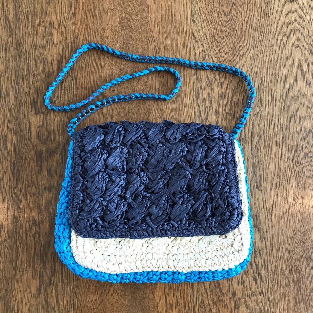 J Crew Colorblock Raffia Straw Chain Crossbody Bag